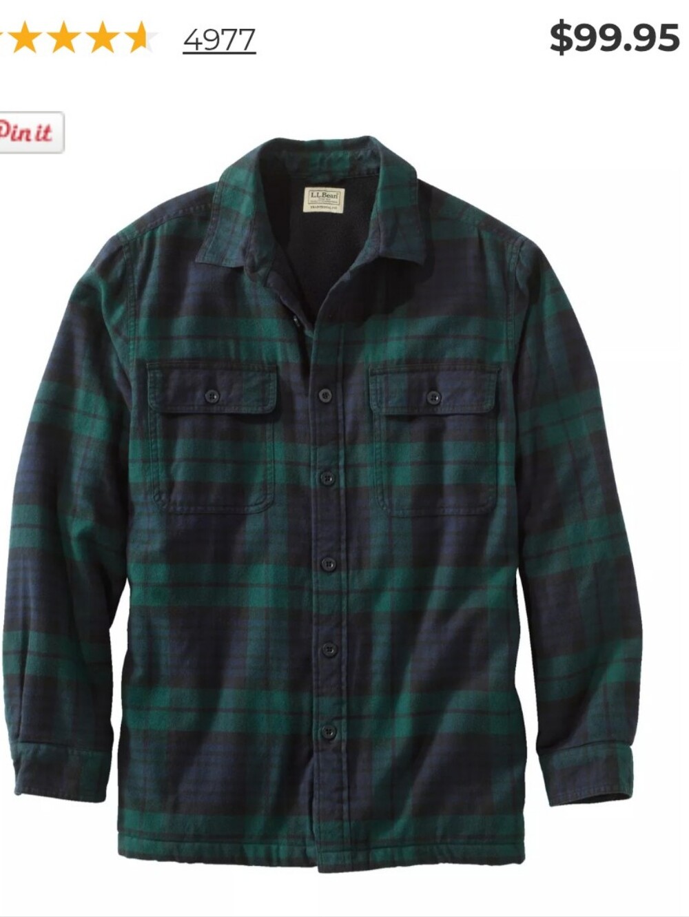 L.L. Bean Green and Black Plaid Fleece-Lined Flannel Shirt Jacket
